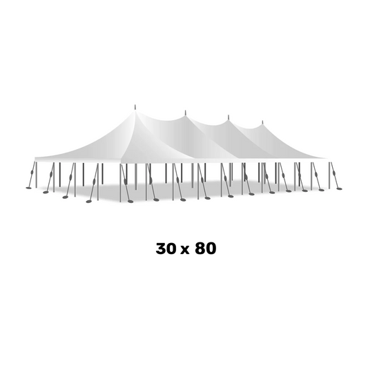 a 30 foot by 80 foot white marquee high peak pole tent