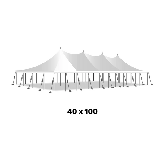 a 40 foot by 100 foot white marquee high peak pole tent
