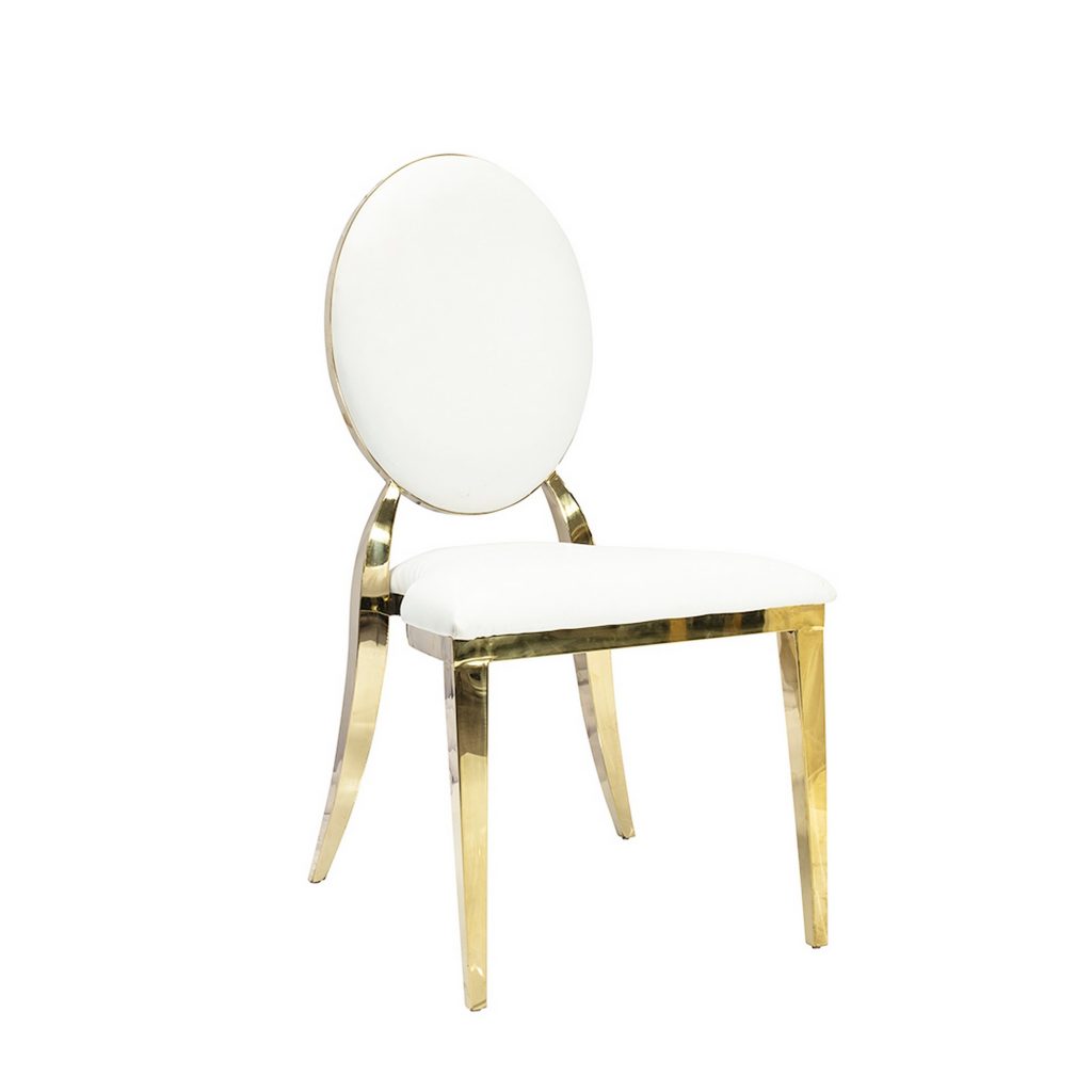 Gold Dior chair with white back pad and cushion