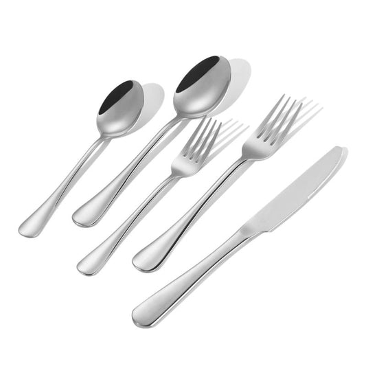 Silver flat-handled cutlery set including a teaspoon, dinner spoon, salad fork, dinner fork, and dinner knife