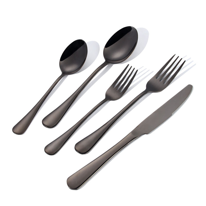 Black flat-handled cutlery set including a teaspoon, dinner spoon, salad fork, dinner fork, and dinner knife