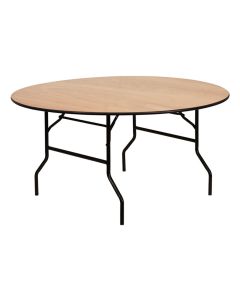 round plywood table with black metal folding legs