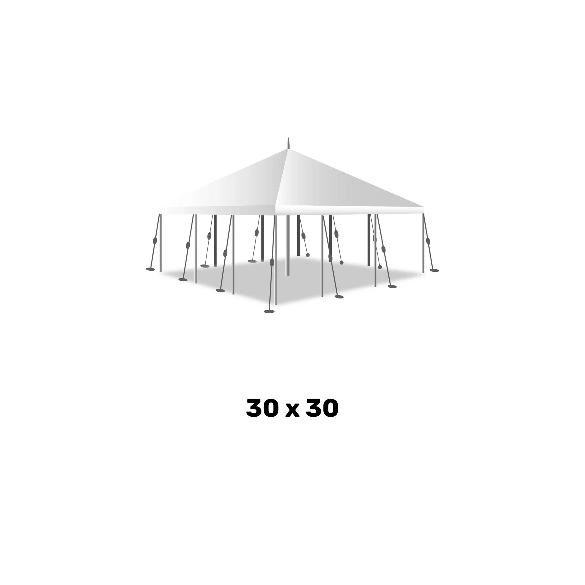 a 30 foot by 30 foot white marquee high peak pole tent