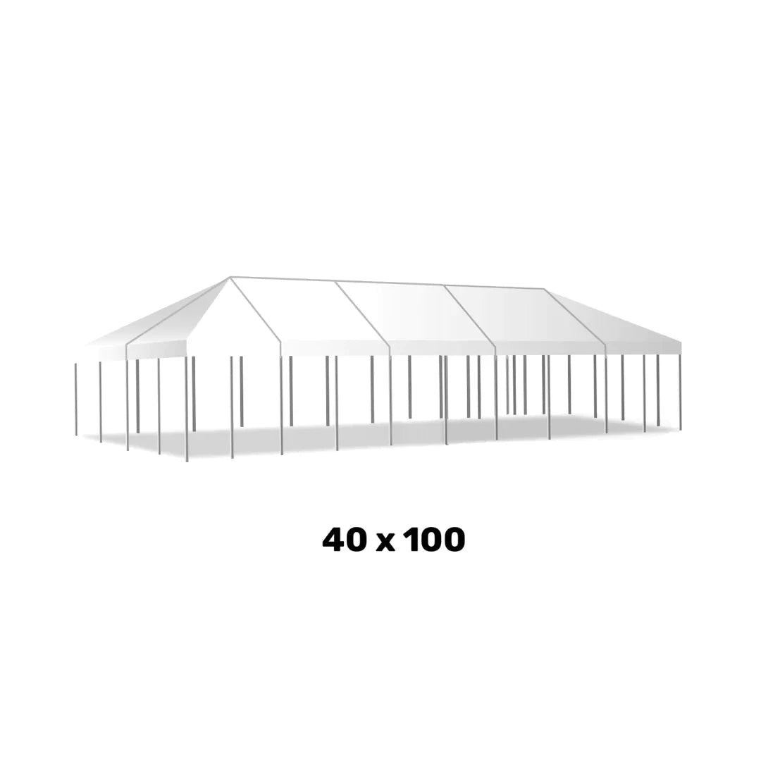 a 40 foot by 100 foot white West Coast Frame Tent