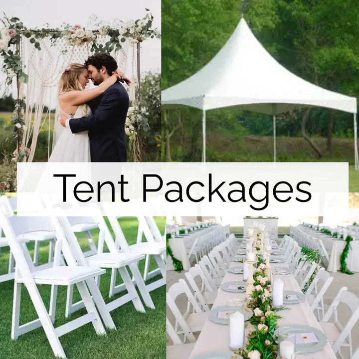 pictures of a marquee event tent, white resin folding chairs, and long tables draped in white linens