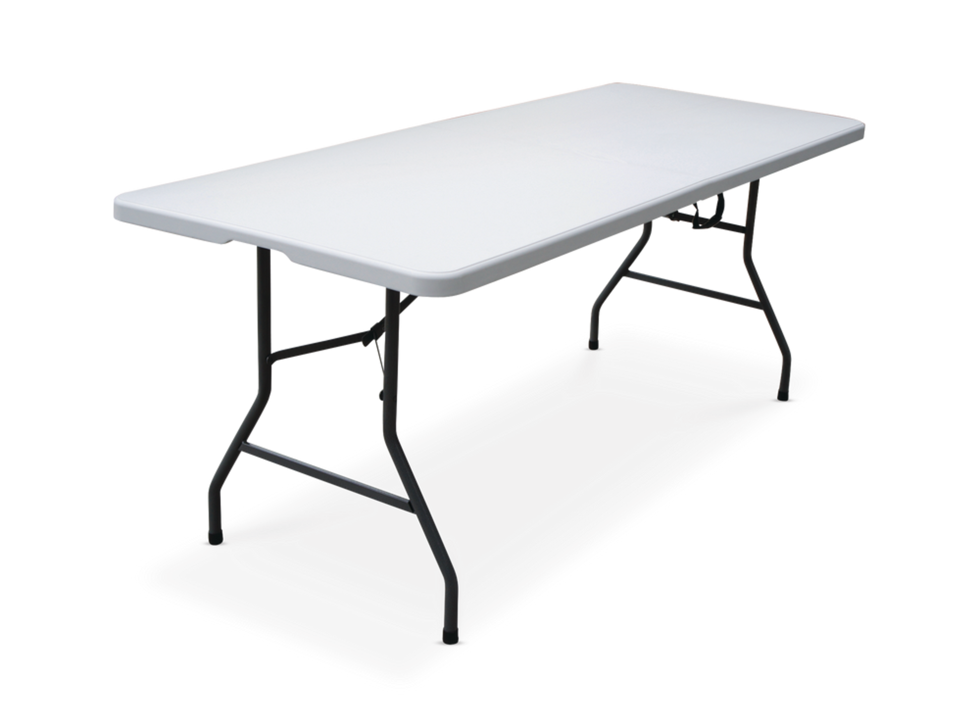 rectangular resin table with grey metal folding legs