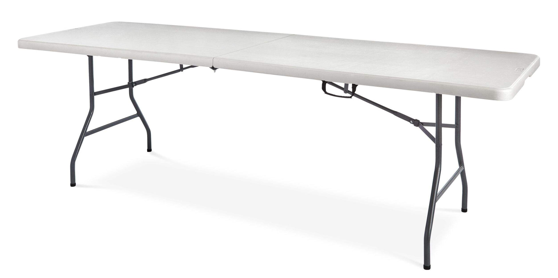 rectangular resin folding table with grey metal folding legs