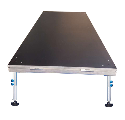 4 foot by 8 foot portable event stage with black anti-skid plywood floor and adjustable-height legs