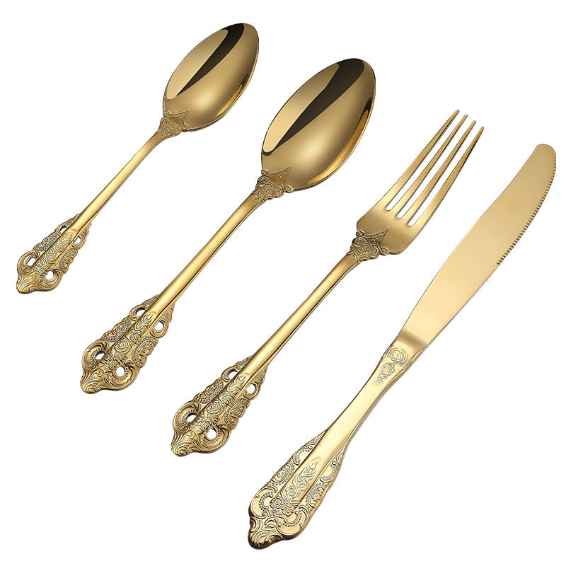 Gold Baroque Vintage style teaspoon, dinner spoon, dinner fork, and dinner knife