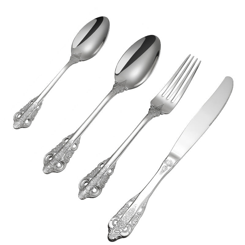 Silver Baroque Vintage style teaspoon, dinner spoon, dinner fork, and dinner knife