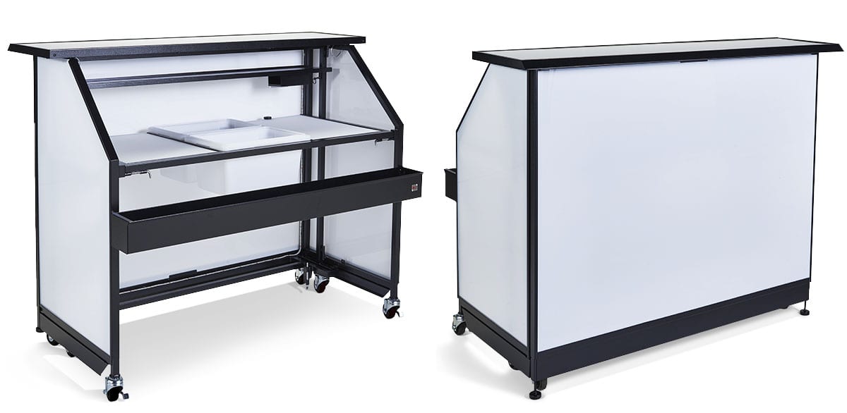 front and back views of white portable folding bar on casters