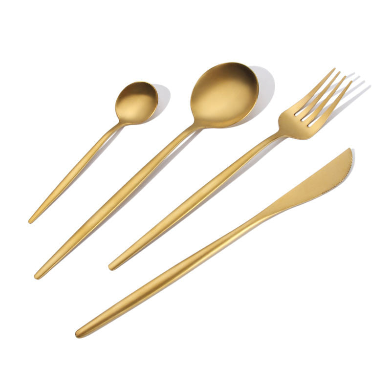 round-handled gold cutlery set including tea spoon, dinner spoon, dinner fork, dinner knife