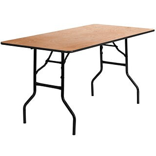 rectangular plywood table with black metal folding legs