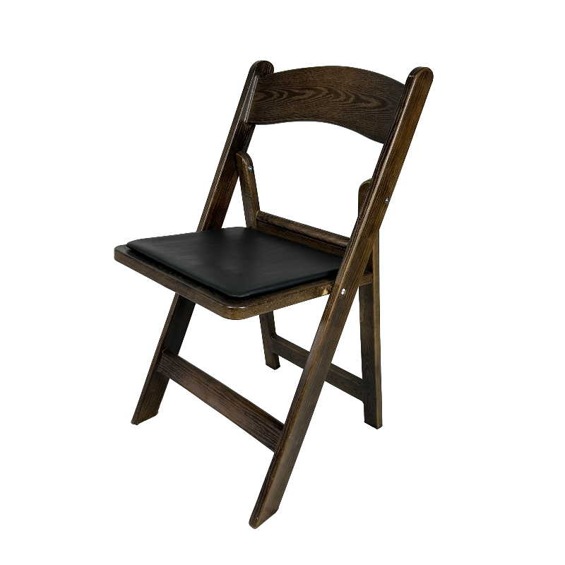 wood-look resin padded folding chair dark brown colour with black seat pad