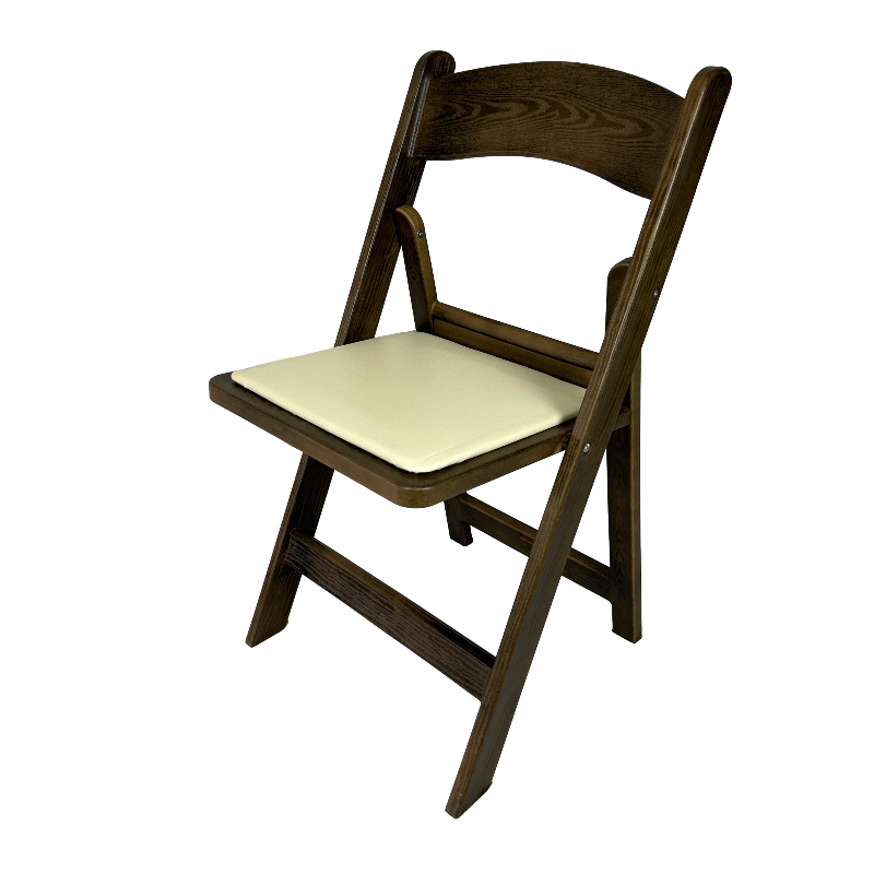 wood-look resin padded folding chair dark brown colour with off-white seat pad