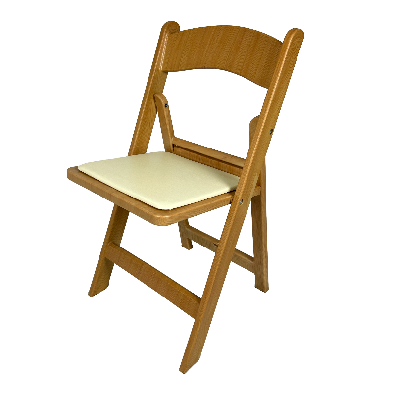 wood-look resin padded folding chair light brown colour with off-white seat pad