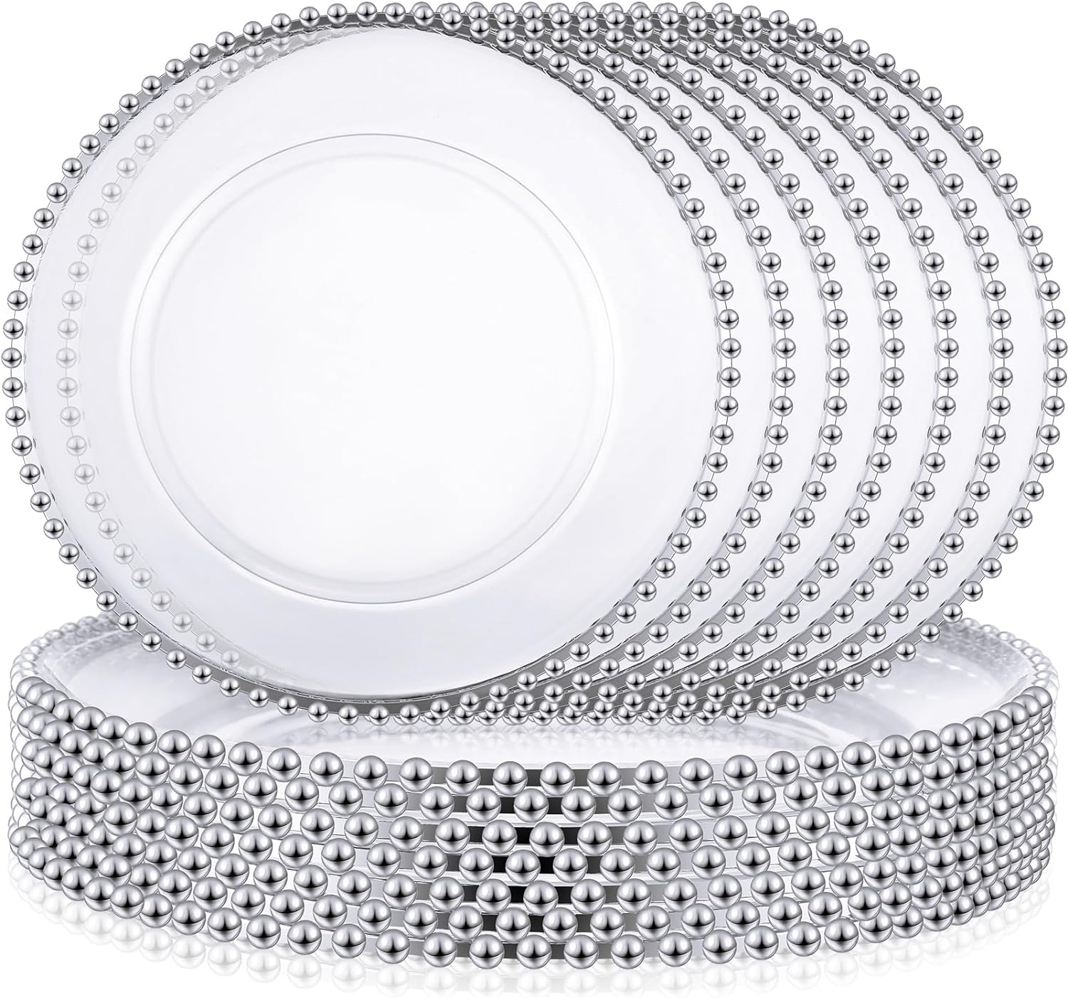 clear glass charger plate with silver beads around the perimeter