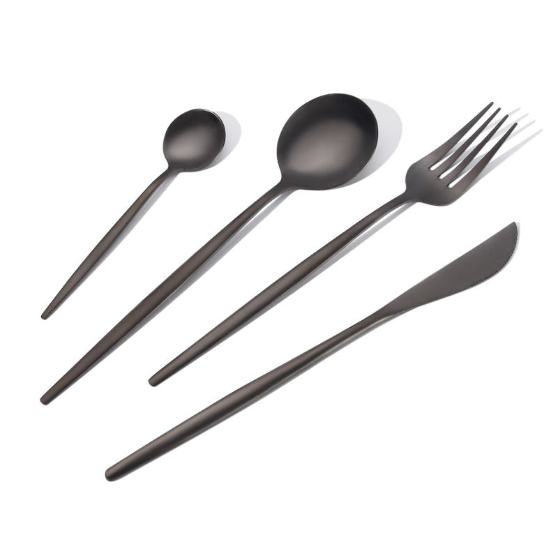 round-handled black cutlery set including tea spoon, dinner spoon, dinner fork, dinner knife