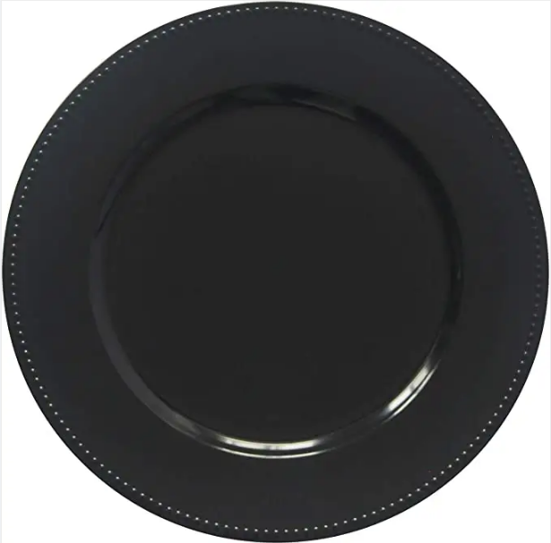 round black plastic charger plate