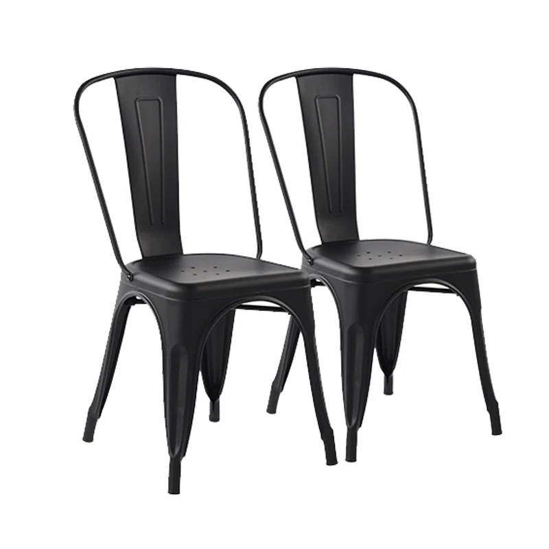 two black metal farmhouse-style dining chairs