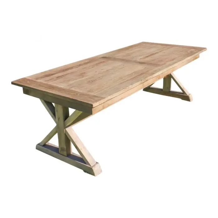 rectangular wooden farmhouse-style harvest tables with folding cross-legs