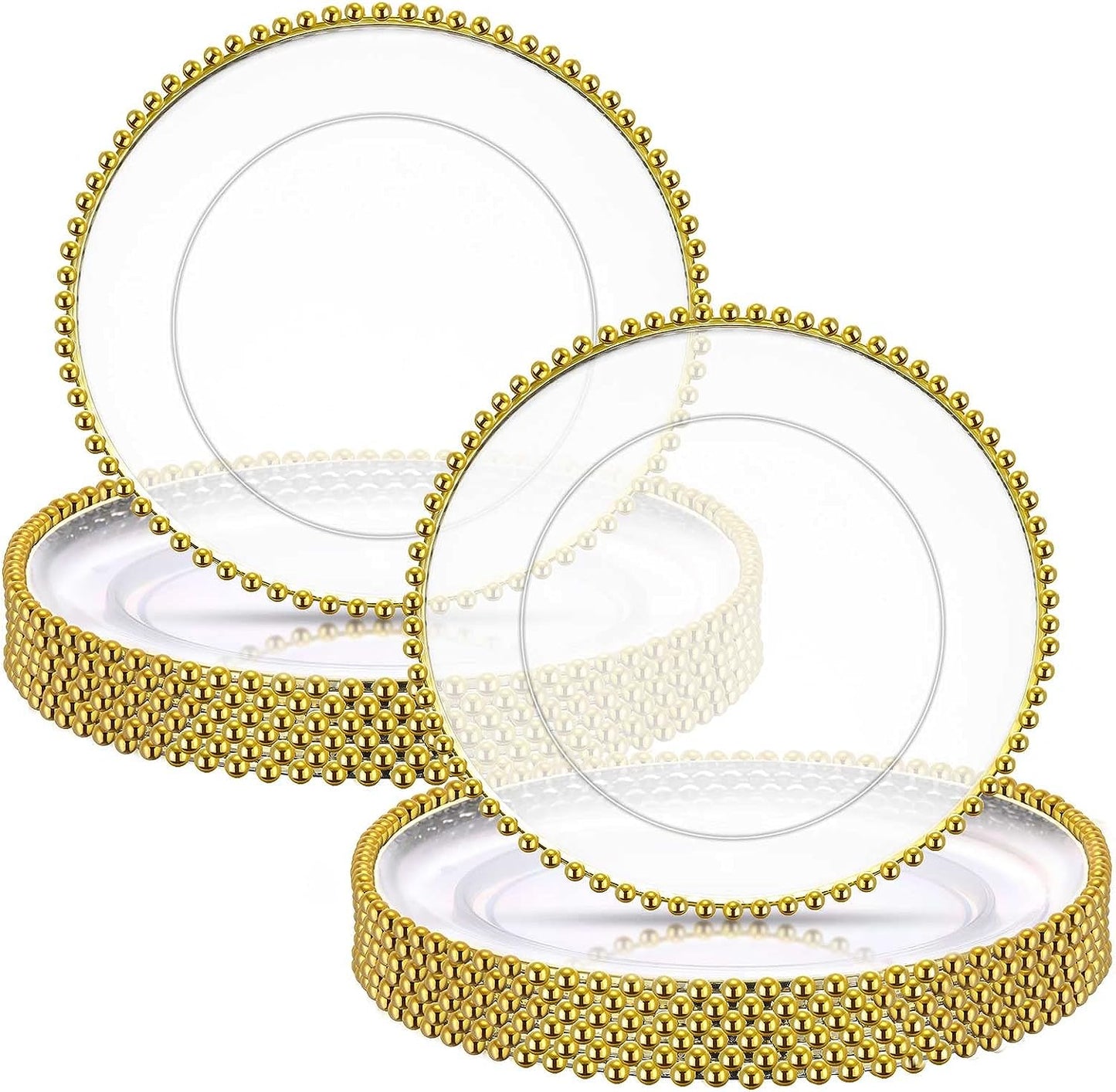 clear glass charger plate with gold beads around the perimeter