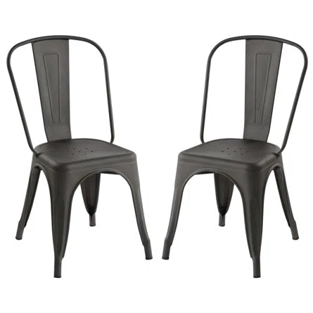 two gunmetal-coloured metal farmhouse-style dining chairs