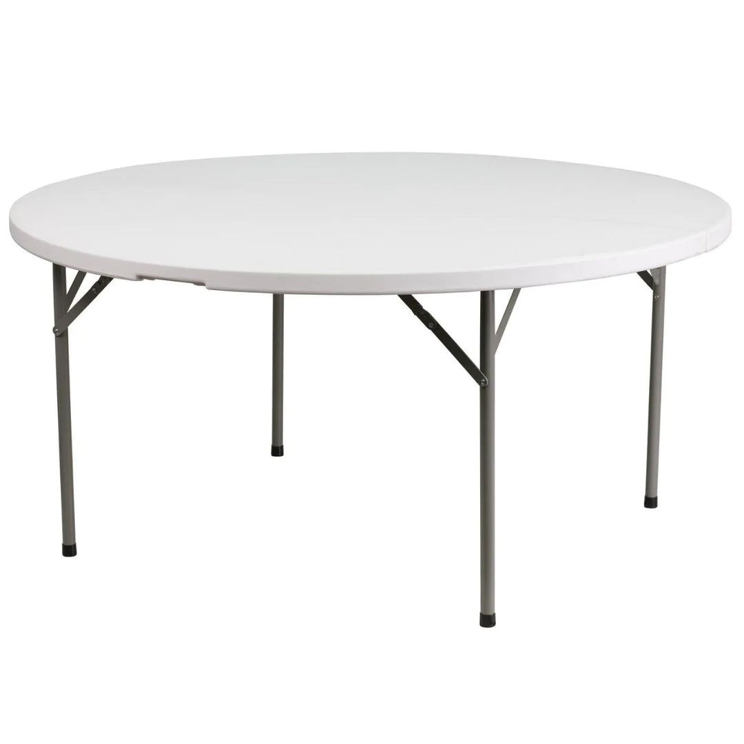 round resin table with grey metal folding legs