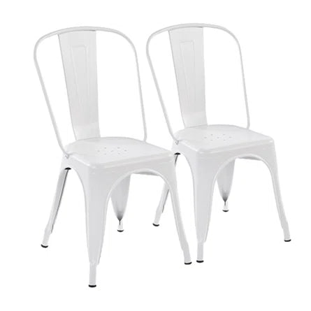 two white metal farmhouse-style dining chairs